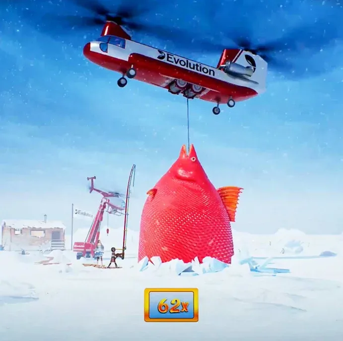 Illustration of a heavy-lift helicopter landing a giant catch, representing Huge Reds' largest multipliers
