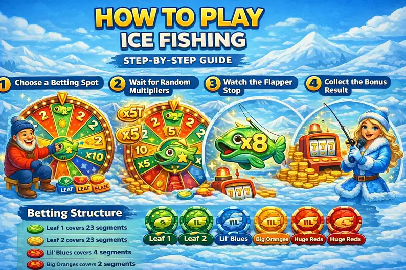Four-step illustrated guide to playing Ice Fishing: choose a bet spot, wait for multipliers, watch the flapper stop, collect the bonus