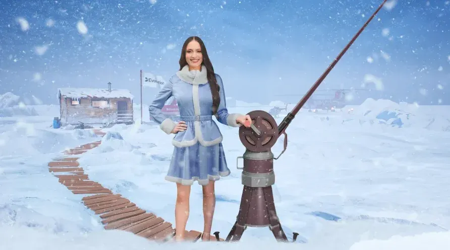 Arctic-themed studio illustration for Evolution's Ice Fishing live format