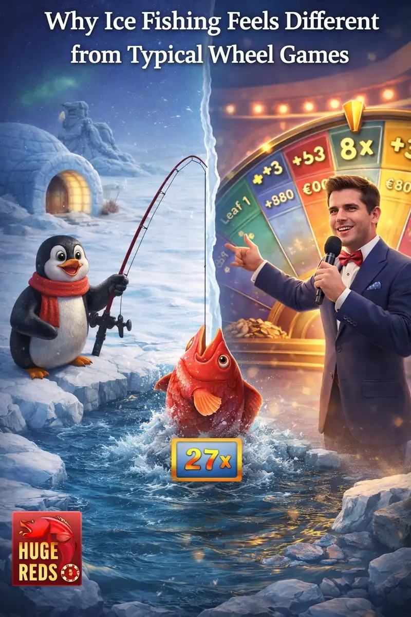 Illustration contrasting Ice Fishing's ice-hole fishing bonus with a typical studio wheel game and its presenter