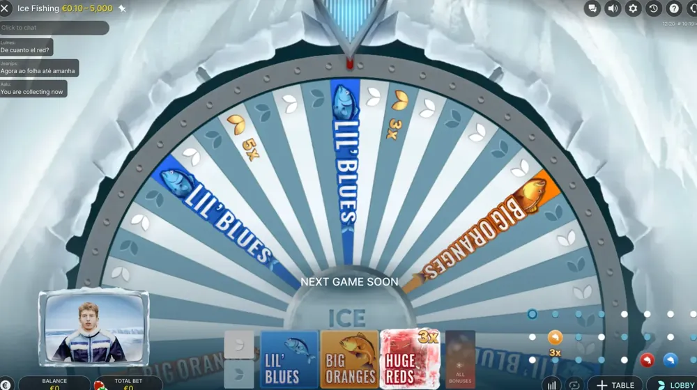 Ice Fishing wheel screen showing the Lil' Blues, Big Oranges and Huge Reds betting spots